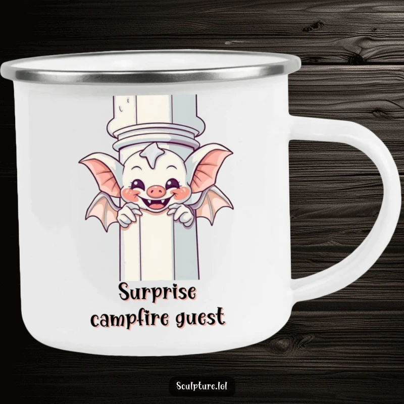 Funny Gargoyle Camping Mug: A giggling gargoyle humorously plays peek-a-boo from behind a column, ideal for outdoor fun.
