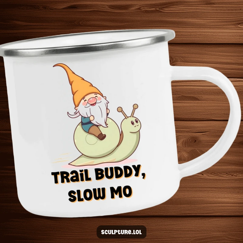 Funny gnome riding a snail on a durable camping mug, ideal for outdoor enthusiasts.