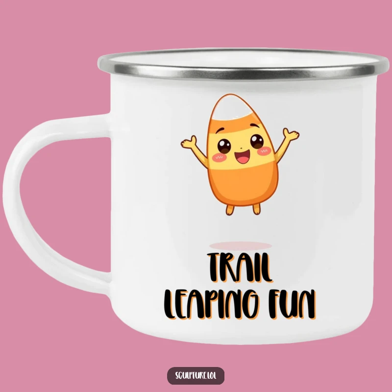 Funny Candy Corn Camping Mug - Leaping Character Enamel Cup for Adventures