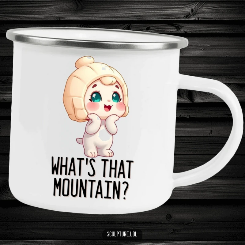 Funny wobbly statue character camping mug, head tilted curiously, perfect for outdoor use with a humorous design.