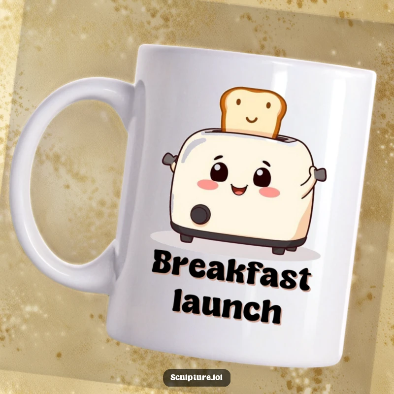 Funny smiling toaster enthusiastically launching toast into the air on a mug, breakfast fun.