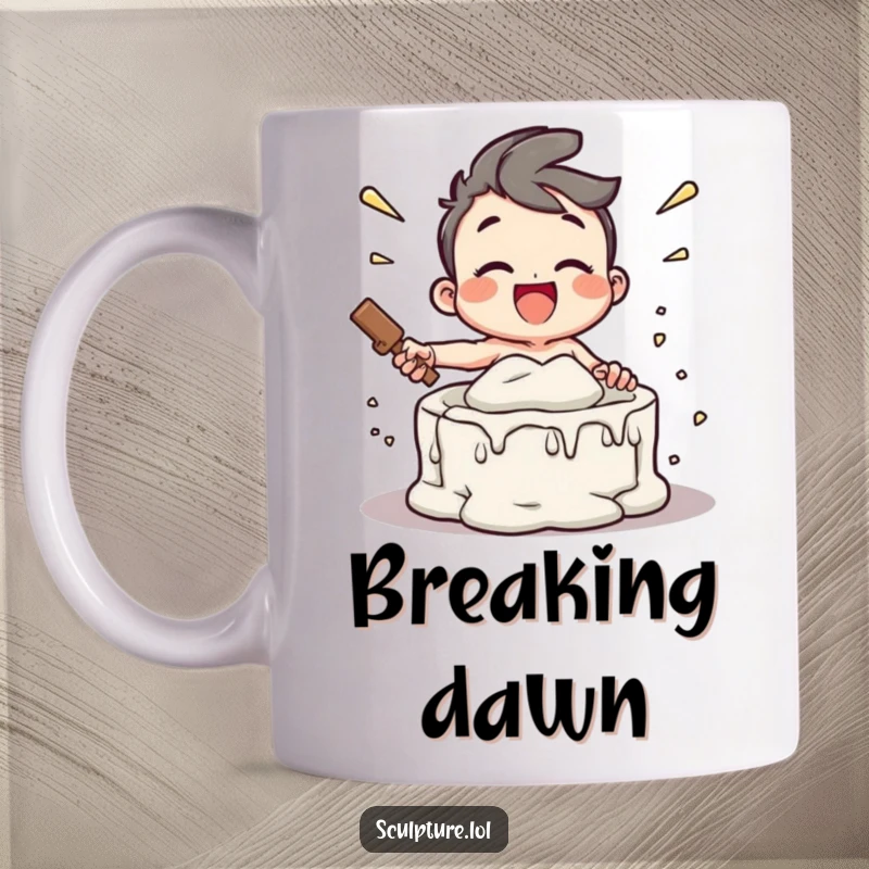 Funny mug with a joyful character enthusiastically smashing a plaster mold, symbolizing freedom and energetic release.