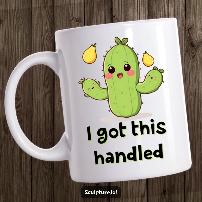 Funny mug showing a happy cactus with short arms excitedly juggling three prickly pears, radiating cheerful energy.