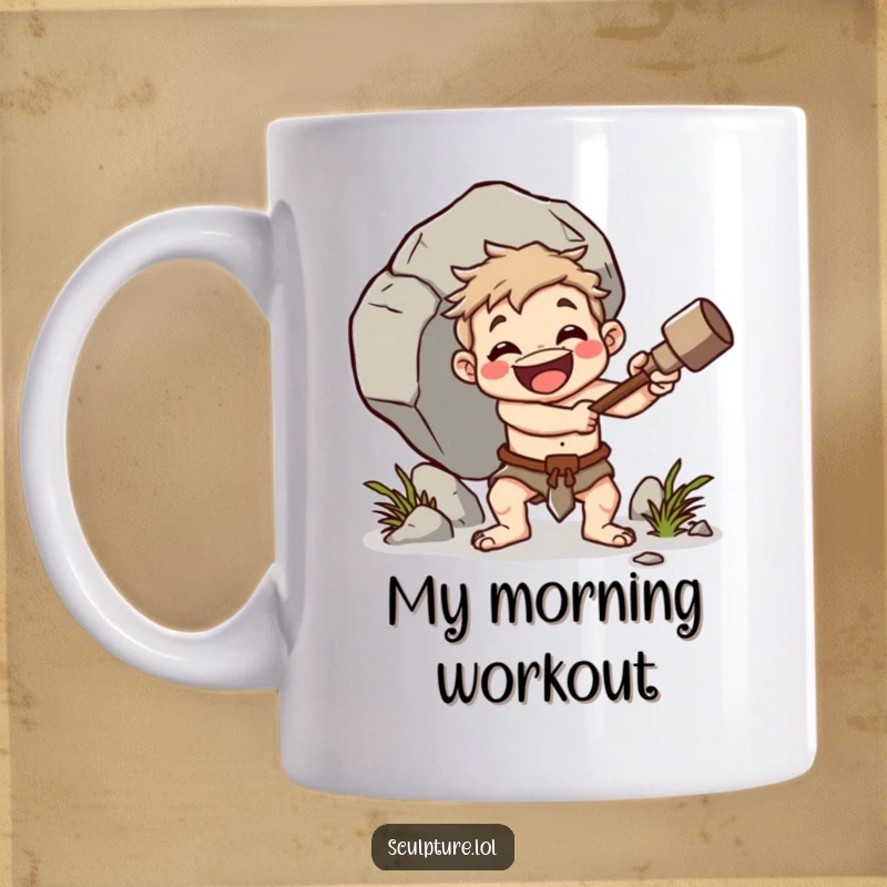 Funny caveman mug, cheerful character whacking boulder with club, primitive strength humor, strong and funny gift, perfect funny gift.