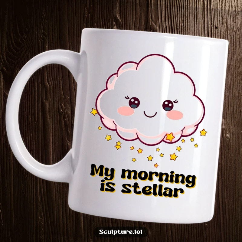Funny mug featuring a cheerful sculpted cloud character raining tiny, shimmering stars, symbolizing wonder and positivity.