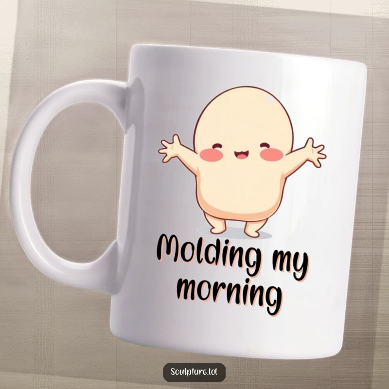 Funny mug with a playful clay blob character stretching into a funny, contorted shape, full of elastic humor.