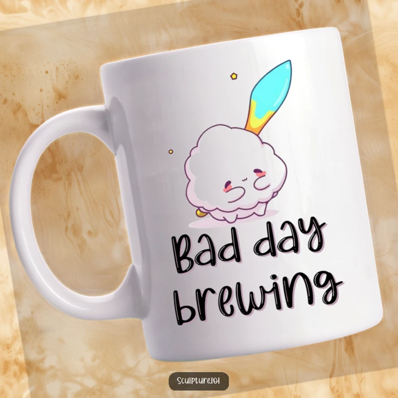 Funny mug showcasing a fluffy cloud character with outstretched arms, desperately attempting to hug a fast-flying meteor.