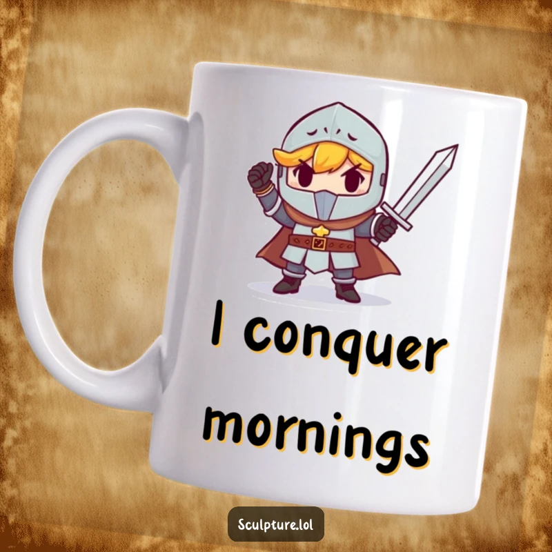 Funny determined small knight triumphantly holding a tiny sword, looking heroic. A humorous mug for brave souls.