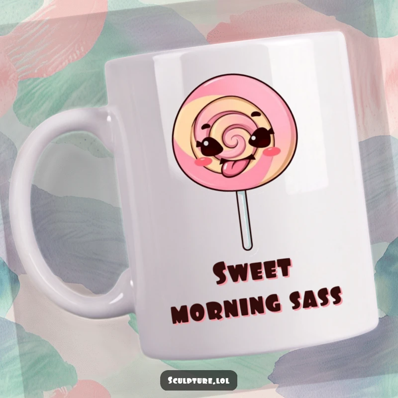 Funny mug with a mischievous lollipop character comically sticking its tongue out, conveying playful defiance and sweet sass.