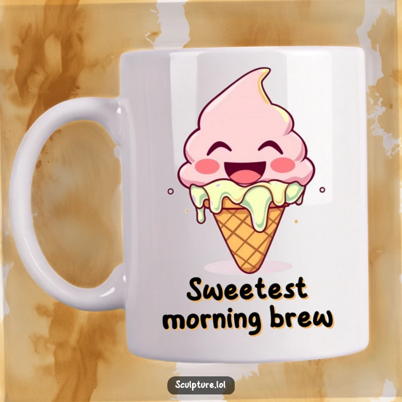 Funny mug featuring a melting ice cream cone character laughing hysterically, perfect for dessert lovers.