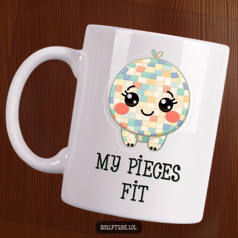 Funny mug showcasing a curious mosaic character composed of tiny tiles, its small smiling eyes full of wonder and playful intrigue.
