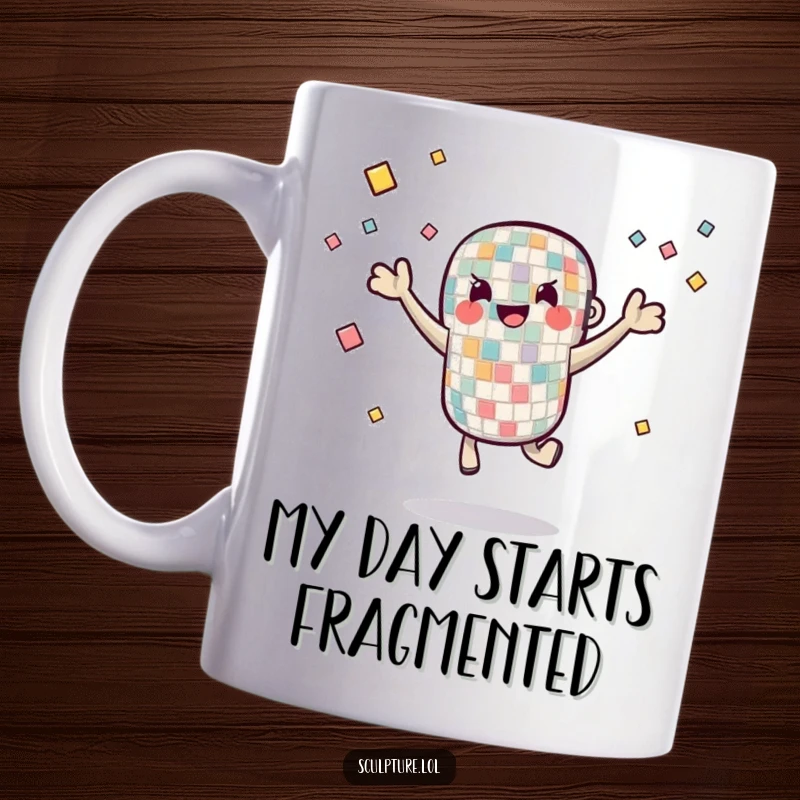 Funny Mug featuring a bouncing mosaic tile character skillfully juggling smaller tile pieces, celebrating creativity and dexterity with joy.