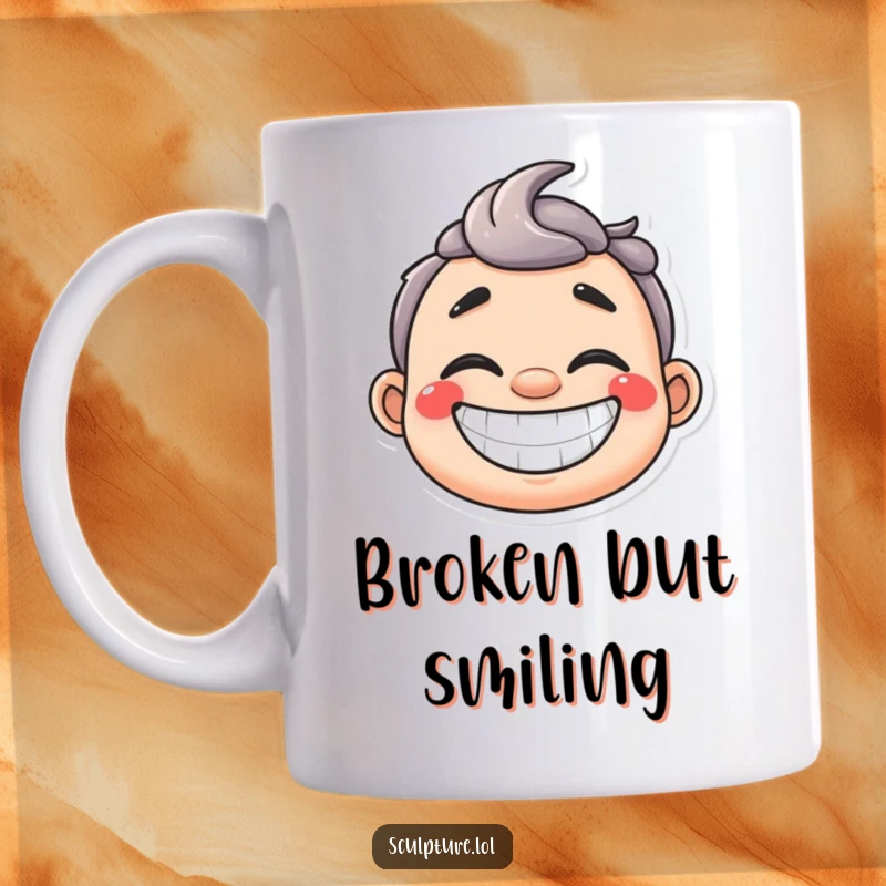 Funny happy plaster cast mug with a wide grin, symbolizing recovery and cheerful healing.