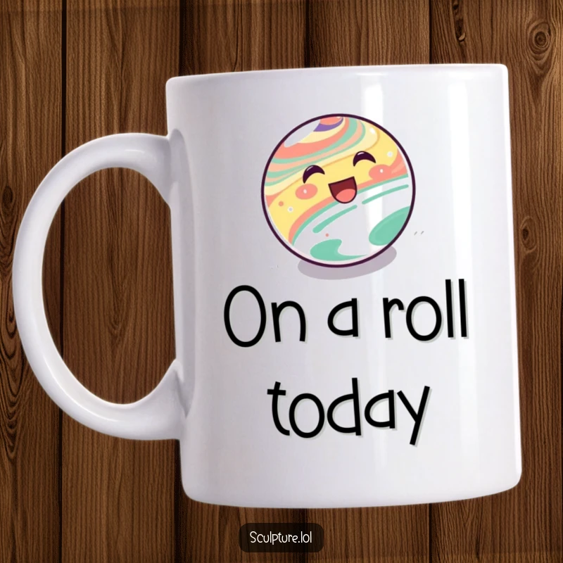 Funny Mug: A delighted marble character with a happy face, joyfully rolling downhill.