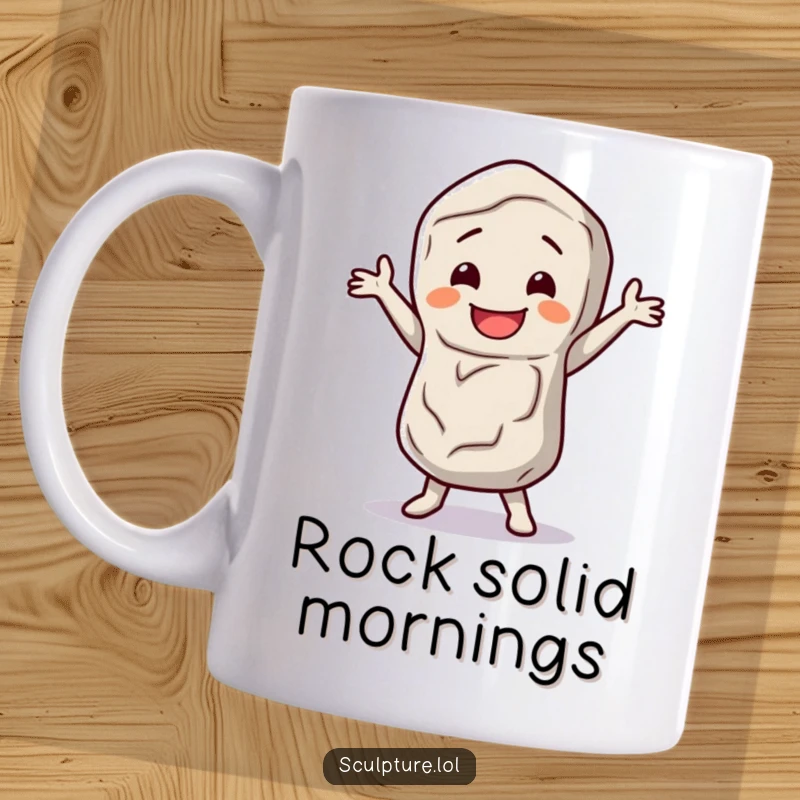 Funny stone figure mug featuring a happy character doing a little dance jig, bringing whimsical and earthy charm.