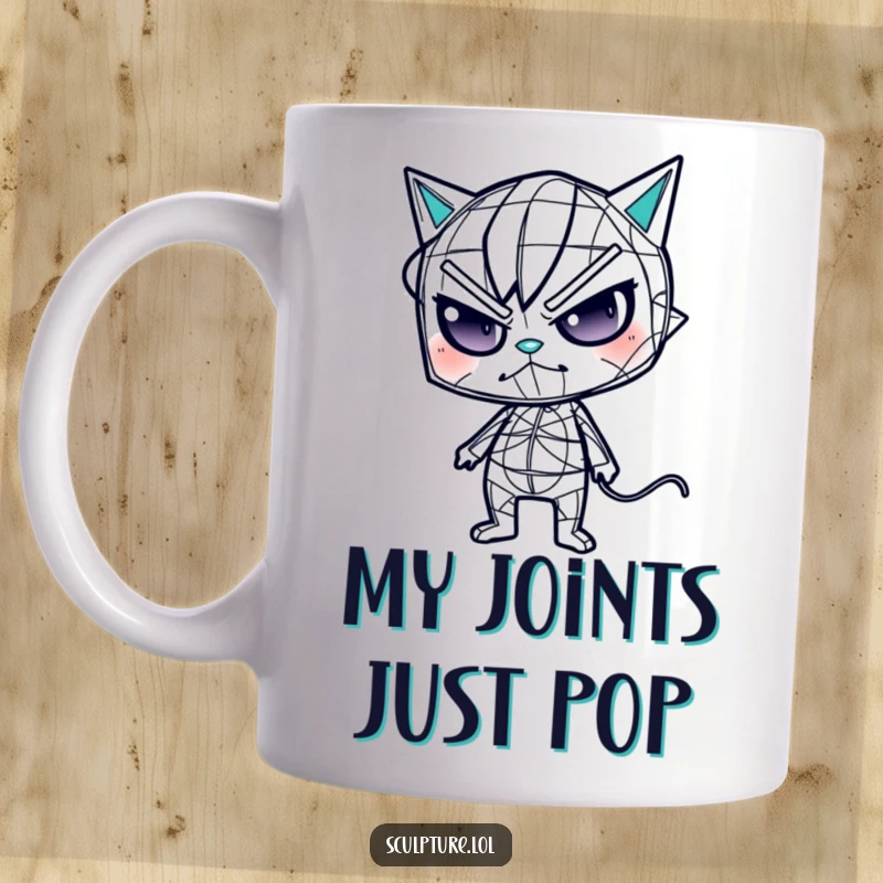 Funny wireframe character mug showing a mischievous figure in a bizarre, contorted pose, perfect for artistic humor lovers.