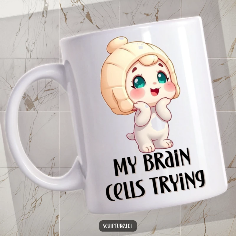 Funny wobbly statue character mug tilting its head with a curious, questioning expression, perfect for a humorous gift.