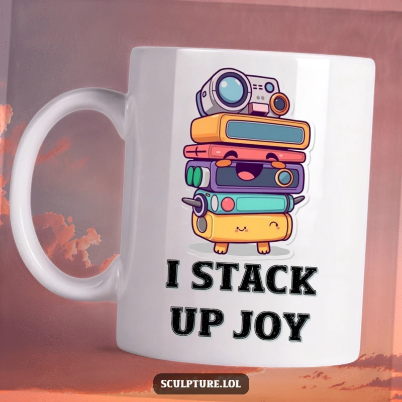 Funny mug featuring a giggling found object character stacked comically, conveying pure joy and amusement.