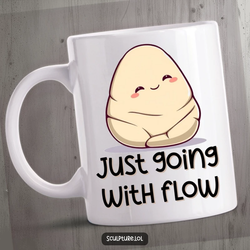 Funny smooth stone mug featuring a cute character gently rolling downhill with a peaceful, contented smile, symbolizing relaxation and going with the flow.