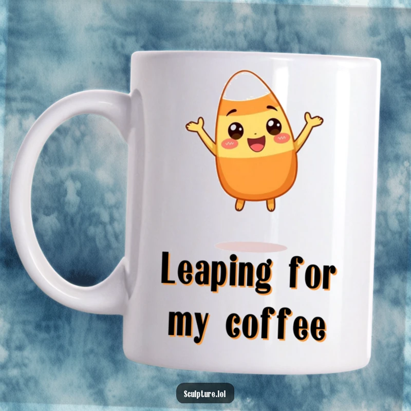 Funny mug with a happy candy corn character joyfully leaping into the air with a wide smile, embodying playful Halloween spirit.