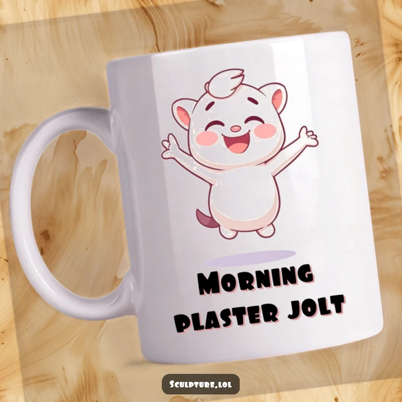 Funny plaster cast mug depicting a giggling character joyfully jumping sideways, perfect for quirky art lovers.