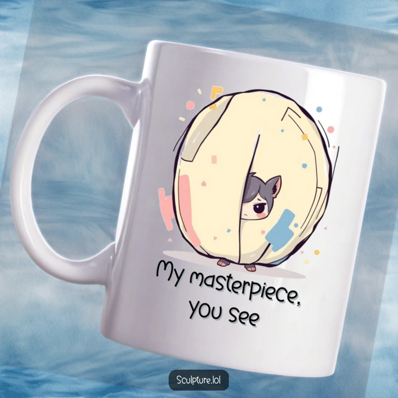 Funny mug featuring a mischievous character peeking from behind a large, vibrant abstract art canvas, expressing playful secrecy.