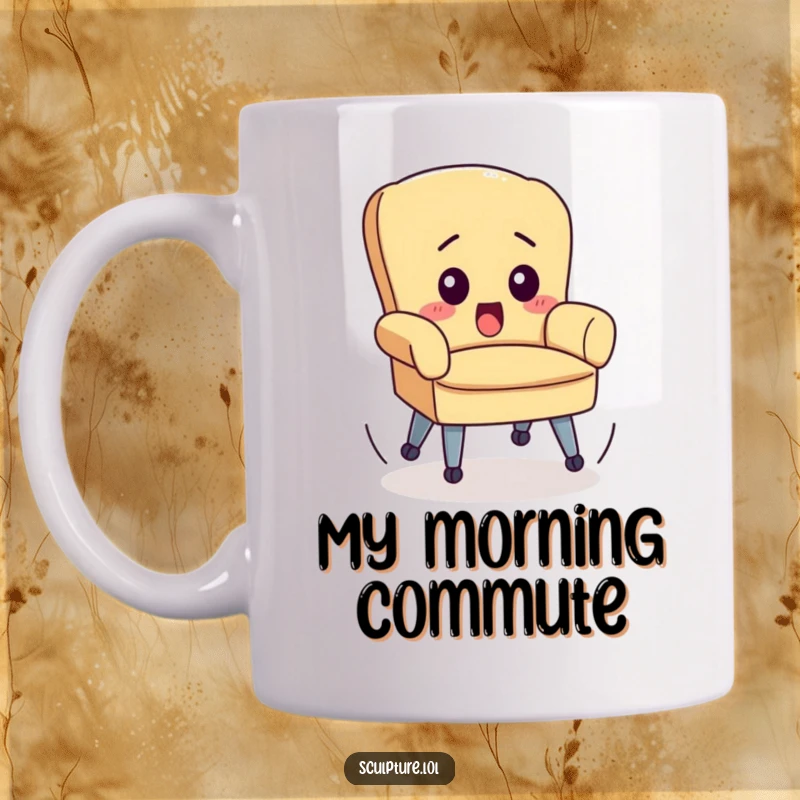Funny mug depicting a small chair with wide, surprised eyes and wheels spinning wildly, symbolizing uncontrolled movement.