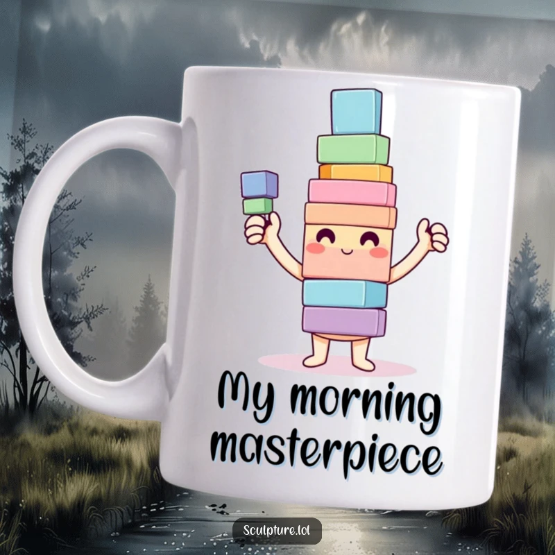 Funny Mug featuring a happy character proudly showing off a colorful, wobbly tower of building blocks, representing accomplishment.