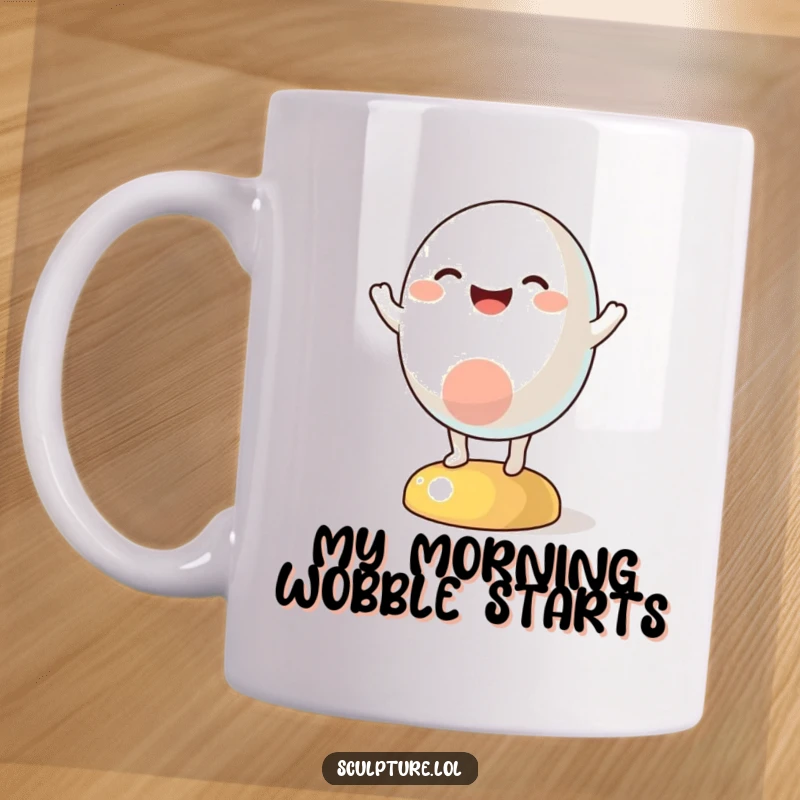 Funny mug featuring a cheerful abstract blob character joyfully wobbling with a big smile, spreading happiness and laughter.