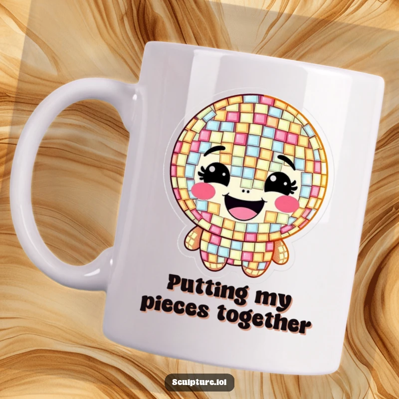 Funny mug featuring a grinning mosaic character composed of shimmering, happy tiles, symbolizing artistic joy.