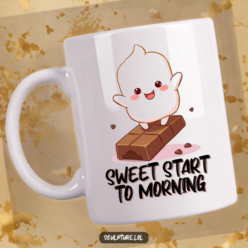 Funny fluffy marshmallow character mug bouncing with glee on a chocolate bar, sweet and humorous design.