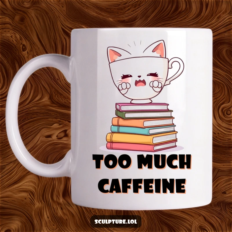Funny mug showcasing a startled teacup character with tiny paws, precariously balancing on a wobbly stack of books.