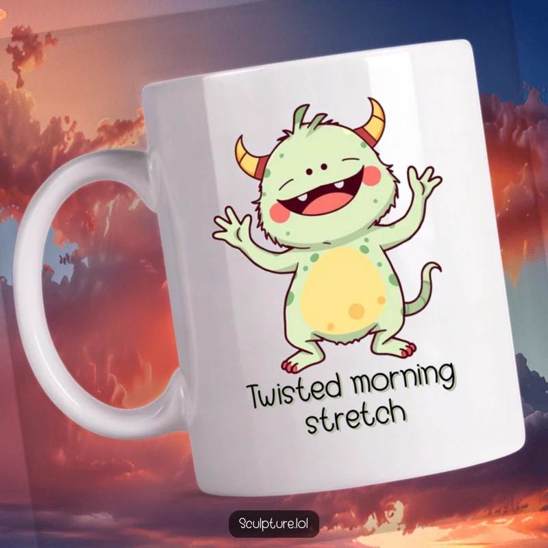 Funny mug with a whimsical monster contorted into a hilarious and impossible yoga pose, radiating quirky energy.