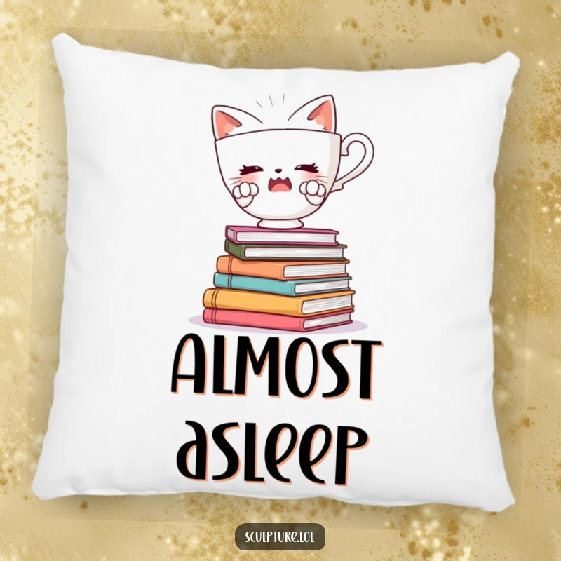 Funny pillow with a startled teacup character balancing on books, providing cozy comfort and a splash of precarious, humorous design.