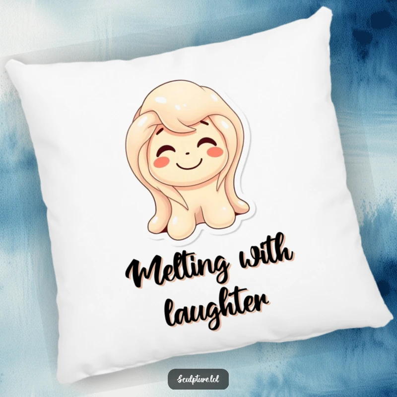 Funny melting wax sculpture pillow featuring a smiling character in a state of gentle melting, offering comfort and amusement.
