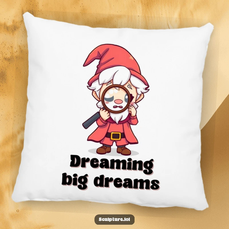 Funny tiny wizard pillow, curious character looking through magnifying glass, magical comfort decor, whimsical accent pillow, excellent funny gift.