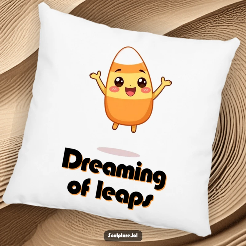 Funny pillow with a happy candy corn character doing a silly leap, offering comfort and a charming dose of Halloween humor.