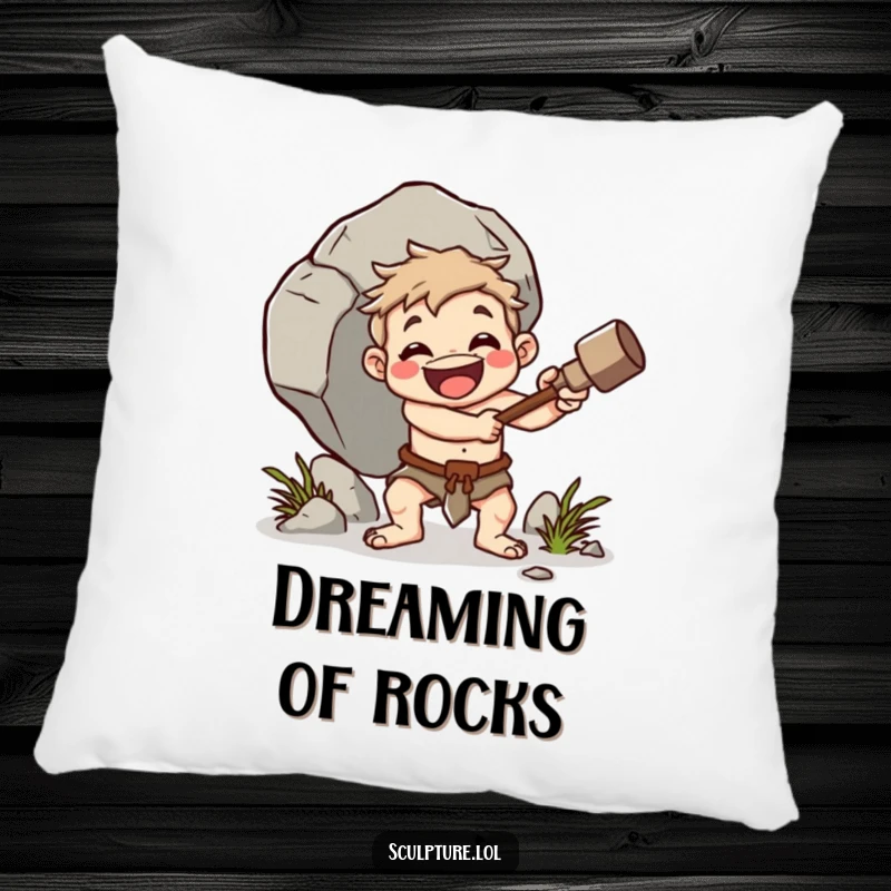 Funny caveman pillow, cheerful character whacking boulder with club, primitive comfort decor, humorous accent pillow, excellent funny gift.