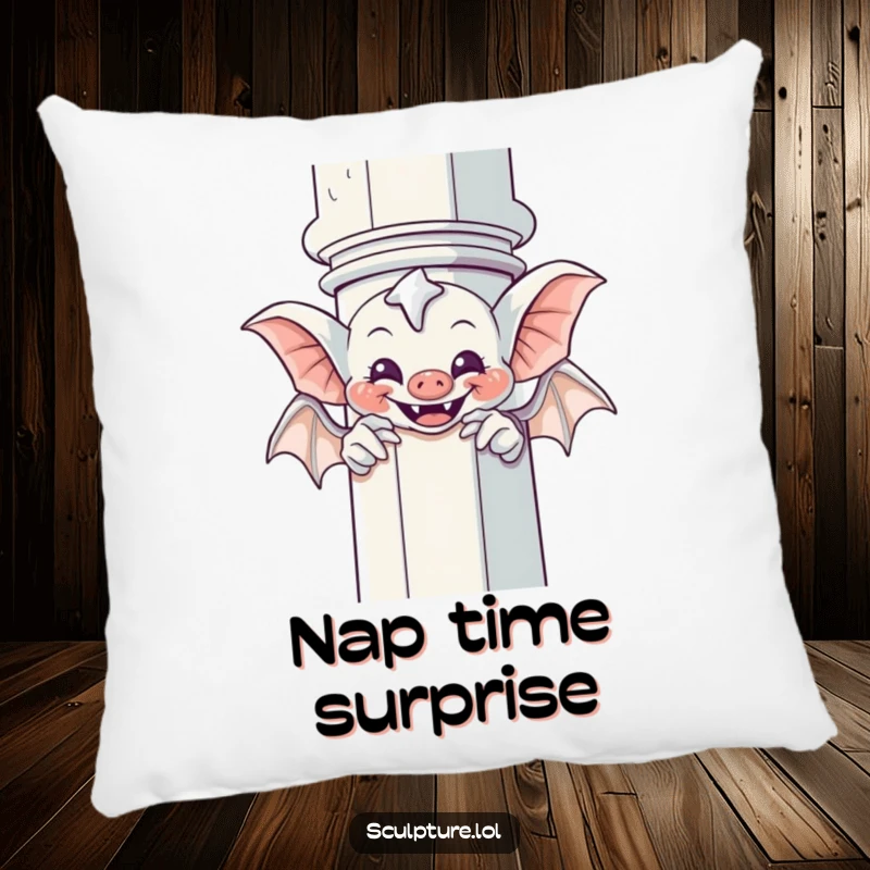 Funny Gargoyle Pillow: A giggling gargoyle humorously plays peek-a-boo from behind a column, adding gothic fun to comfort.