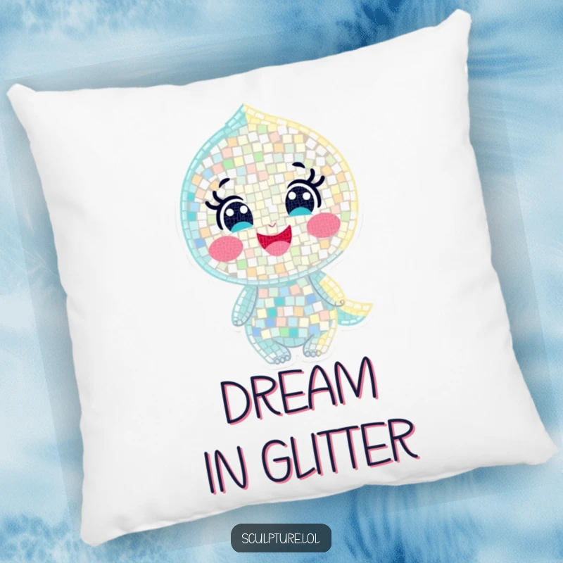 Funny decorative pillow adorned with a joyful mosaic character made of tiny shimmering pieces, offering cozy elegance.