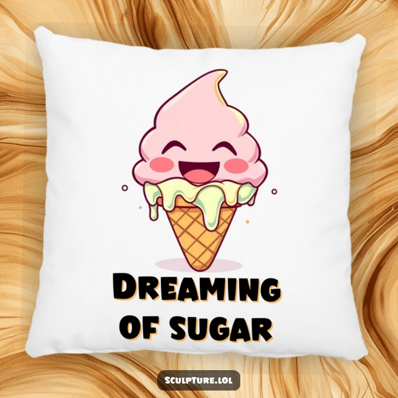 Funny pillow featuring a joyfully melting ice cream cone character, offering sweet, cozy comfort for relaxation.
