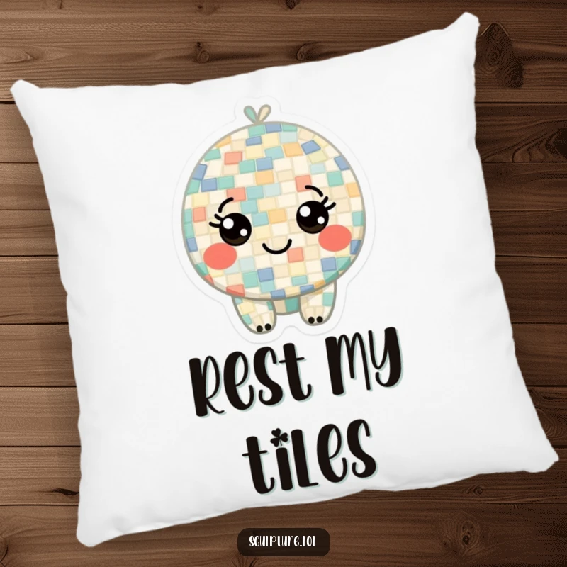Funny pillow featuring a curious mosaic character made of tiny tiles, its smiling eyes full of wonder, perfect for cozy artistic comfort.