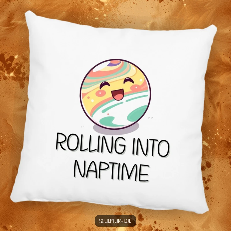 Funny Pillow: A delighted marble character rolling downhill, offering comfort and playfulness.