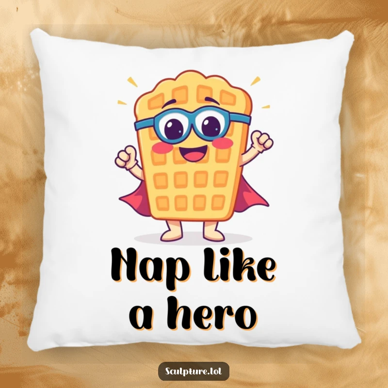 Funny waffle pillow designed with a smiling waffle superhero character in a dynamic, ready-to-save-the-day pose.