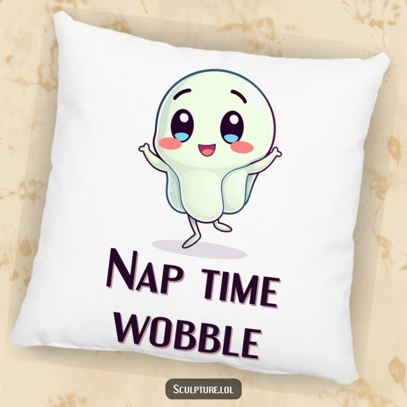 Funny pillow with a wobbling jelly character doing a jig, offering comfort and a humorous dose of jiggly charm.