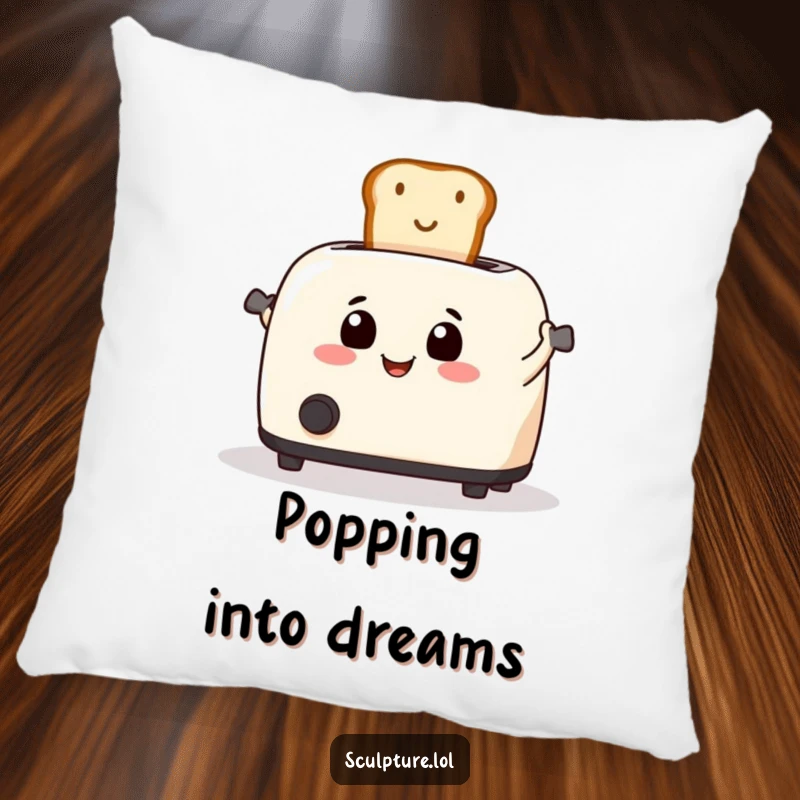 Funny toaster launching toast on a soft, plush pillow, perfect for cozy spaces.