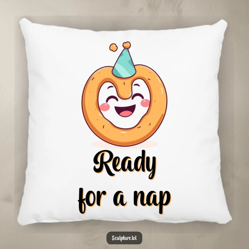 Funny pillow featuring a grinning pretzel character wearing a tiny party hat, offering comfort and a humorous touch to any seating area.