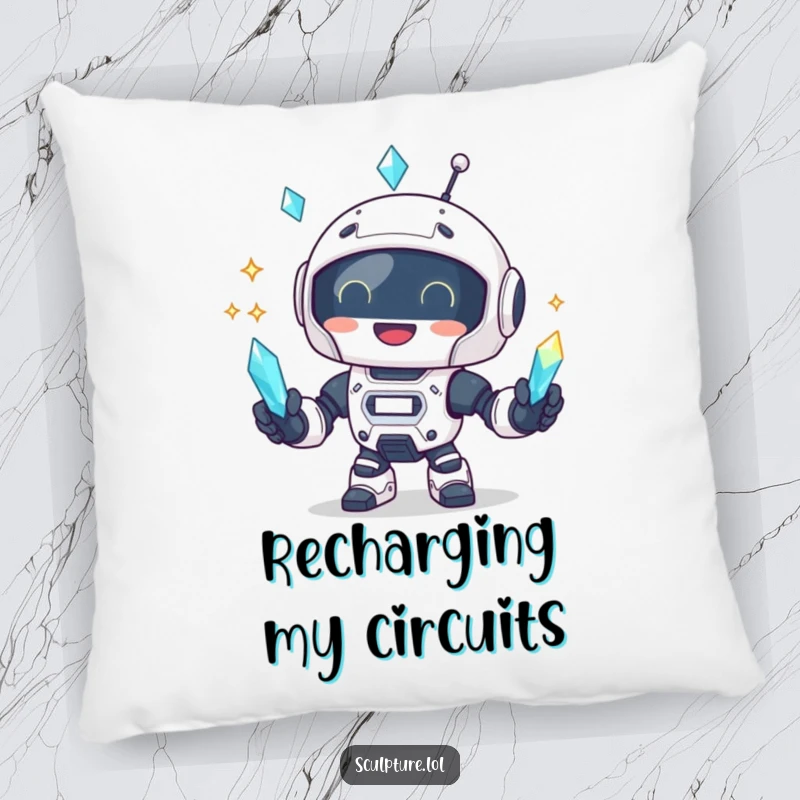 Funny robot juggling crystals on a plush pillow, perfect for adding comfort.