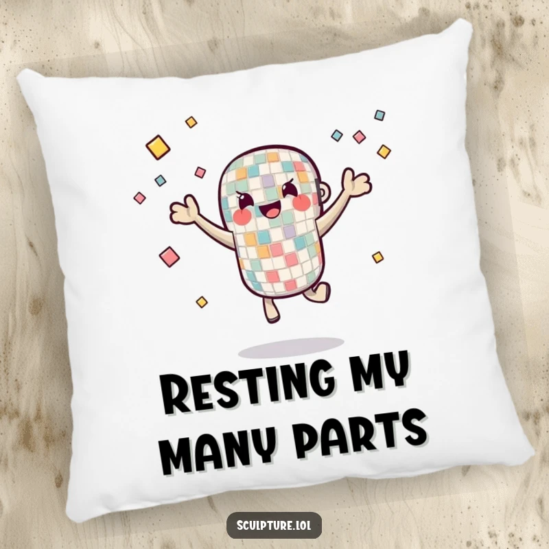 Funny Pillow featuring a mosaic tile character juggling small pieces, providing cozy comfort with a vibrant artistic and humorous theme.