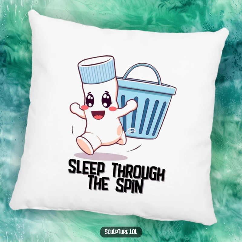 Funny pillow featuring a wide-eyed sock fleeing a cheerful laundry basket, a humorous and cozy addition to home decor.